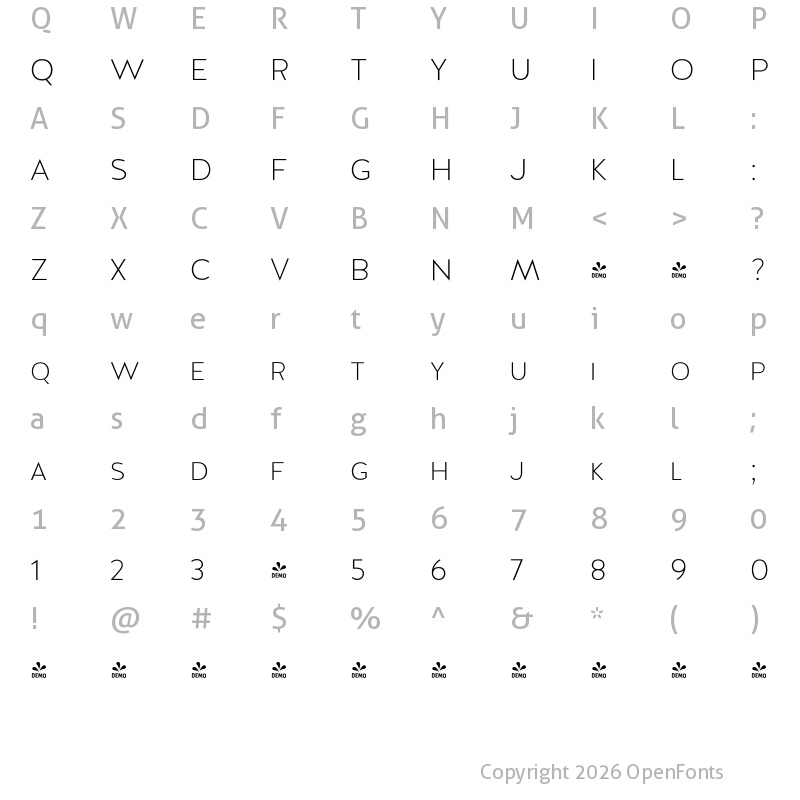 Character Map of FONTSPRING DEMO - Halis GR S ExtraLight Regular