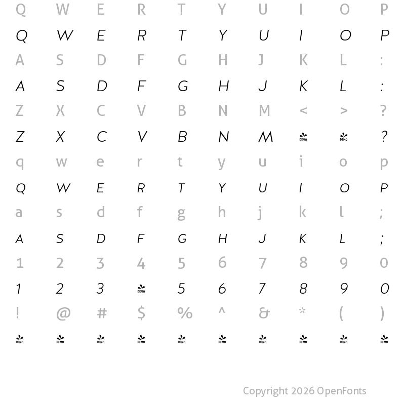 Character Map of FONTSPRING DEMO - Halis GR S light Italic