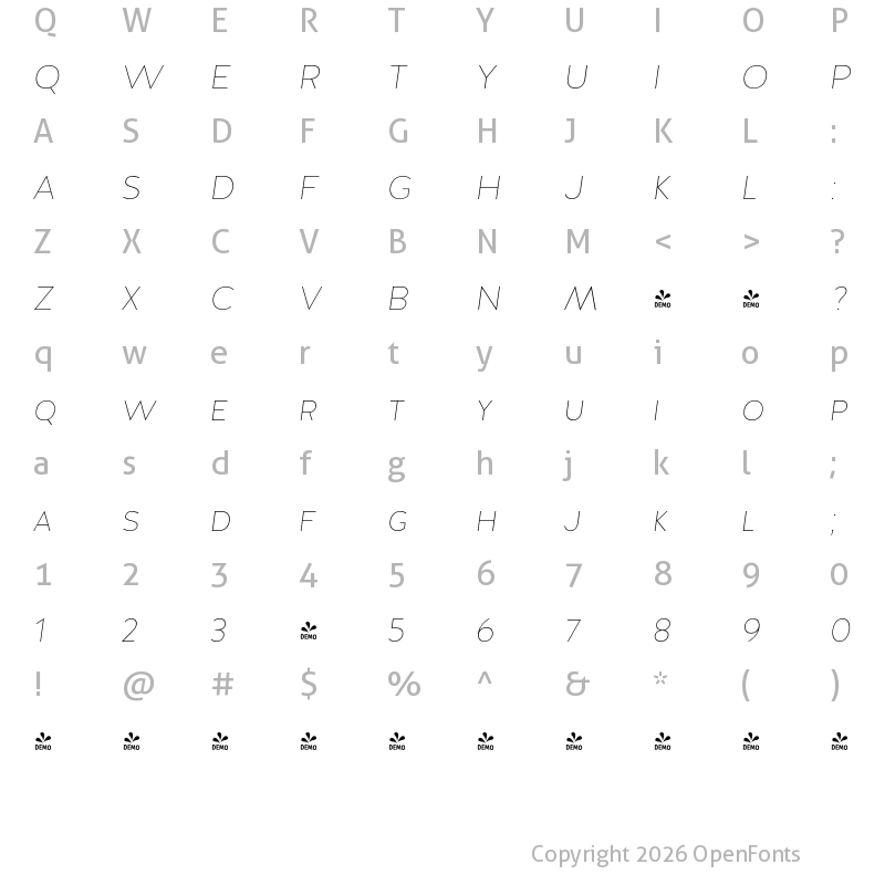 Character Map of FONTSPRING DEMO - Halis GR S Thin Italic