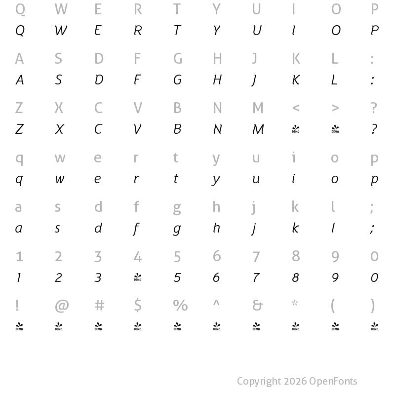 Character Map of FONTSPRING DEMO - Halvorsen Rg Italic