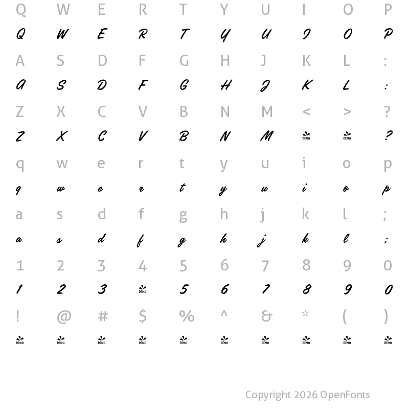 Character Map of FONTSPRING DEMO - Handelson One Regular