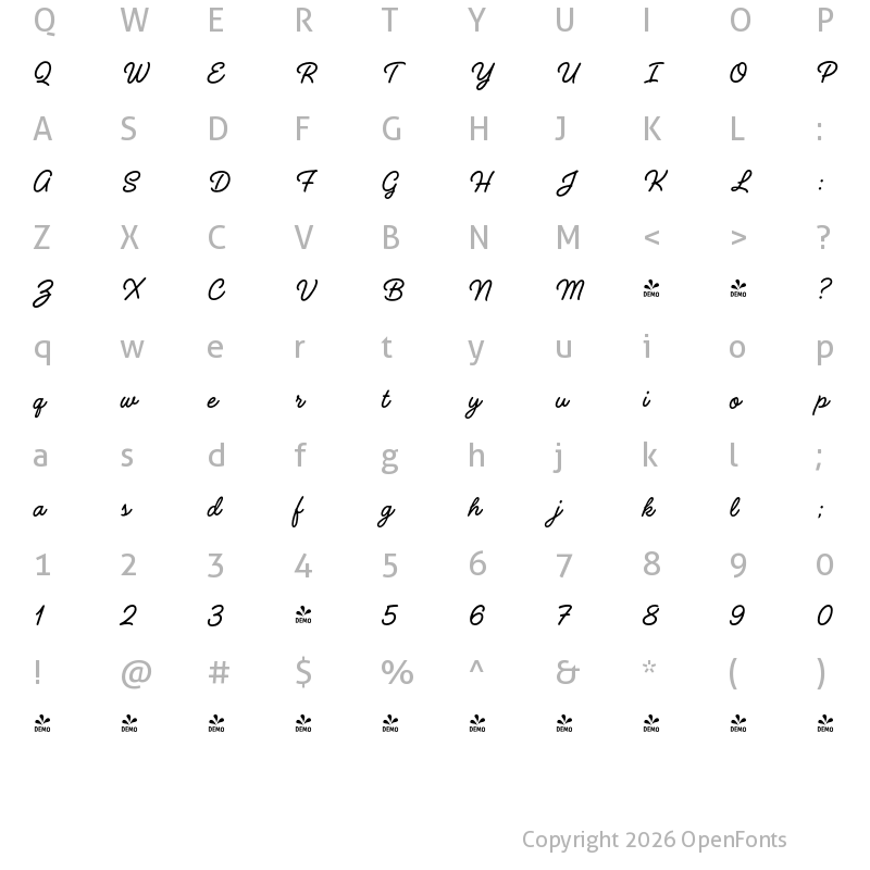 Character Map of FONTSPRING DEMO - Handelson Three Regular