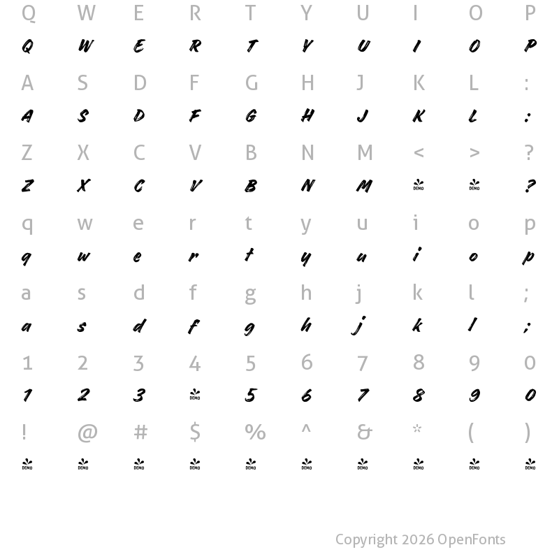 Character Map of FONTSPRING DEMO - Handelson Two Regular