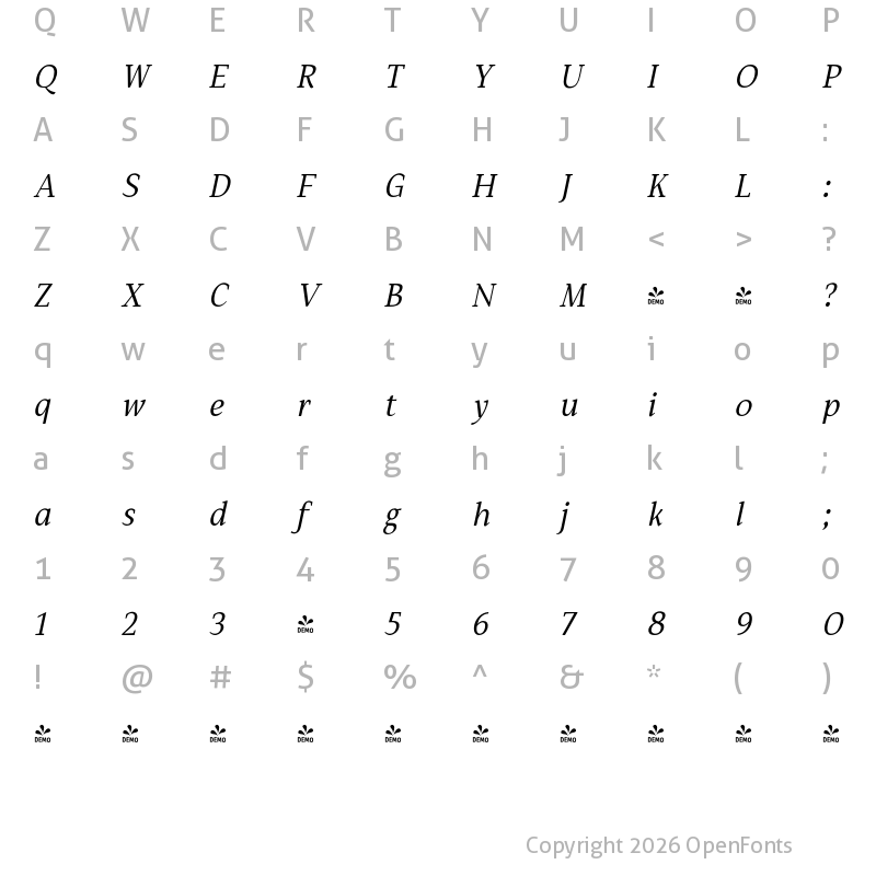 Character Map of FONTSPRING DEMO - Hartia Medium Italic Italic