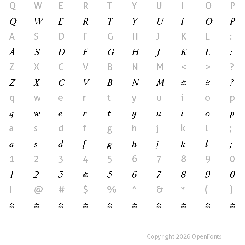 Character Map of FONTSPRING DEMO - Haverj Italic