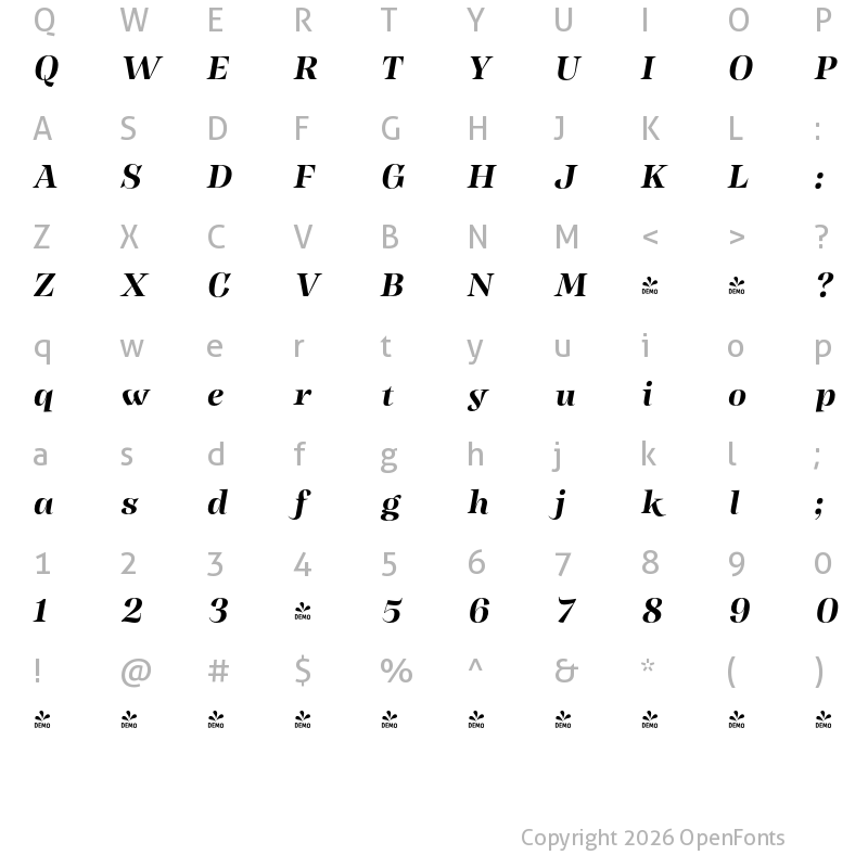 Character Map of FONTSPRING DEMO - Head Bold It Bold Italic