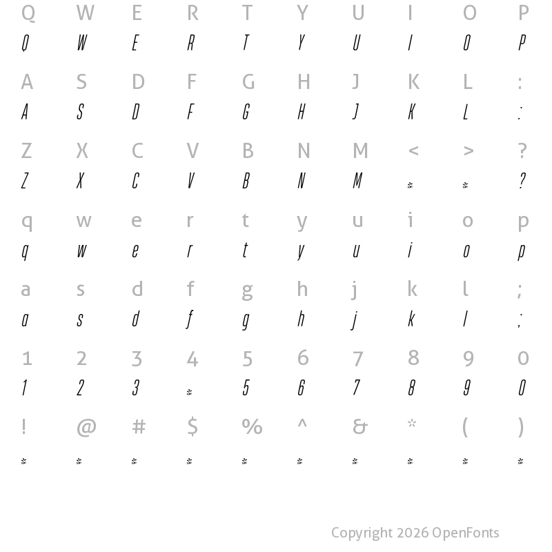 Character Map of FONTSPRING DEMO - Heading Pro Ultracomp Light Italic