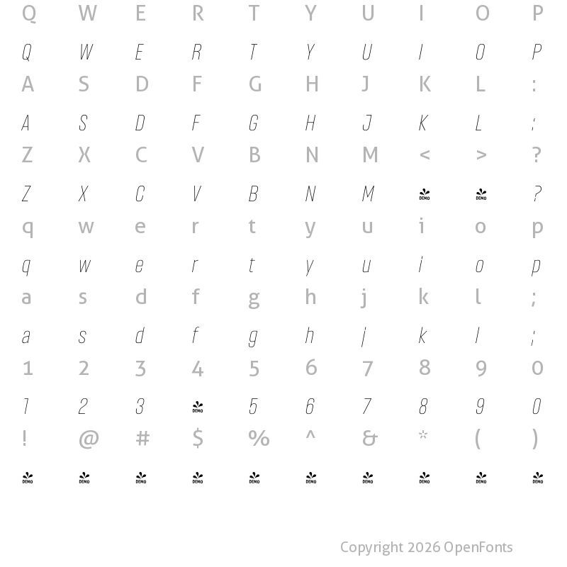 Character Map of FONTSPRING DEMO - Headlines Light Italic Regular