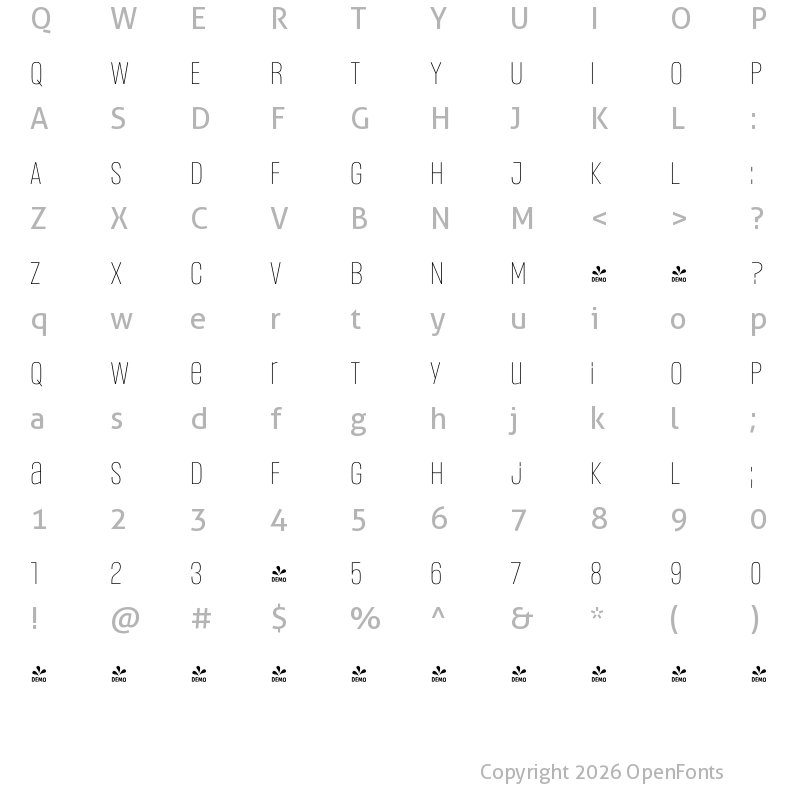 Character Map of FONTSPRING DEMO - Headlines Uni A Light Regular