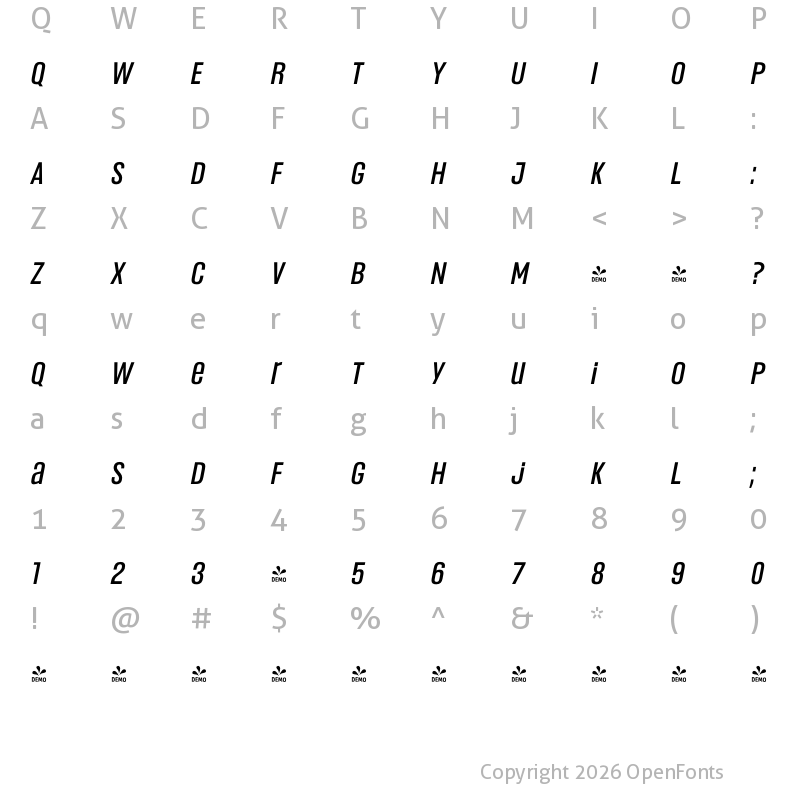 Character Map of FONTSPRING DEMO - Headlines Uni A Medium Italic Regular