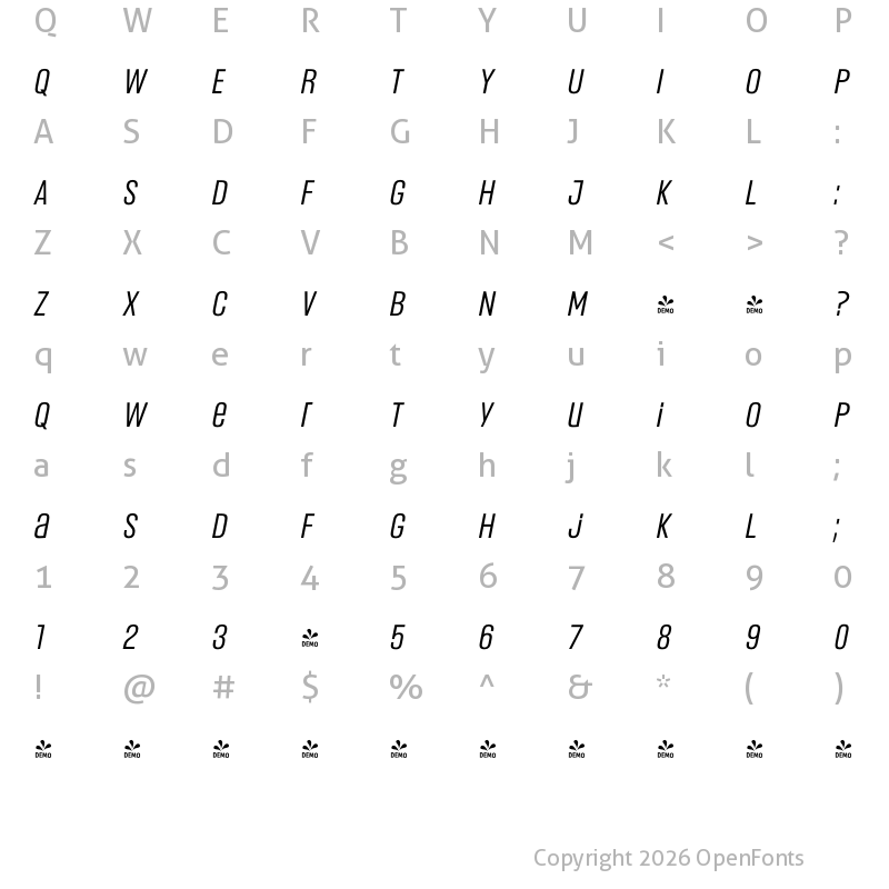 Character Map of FONTSPRING DEMO - Headlines Uni B Italic