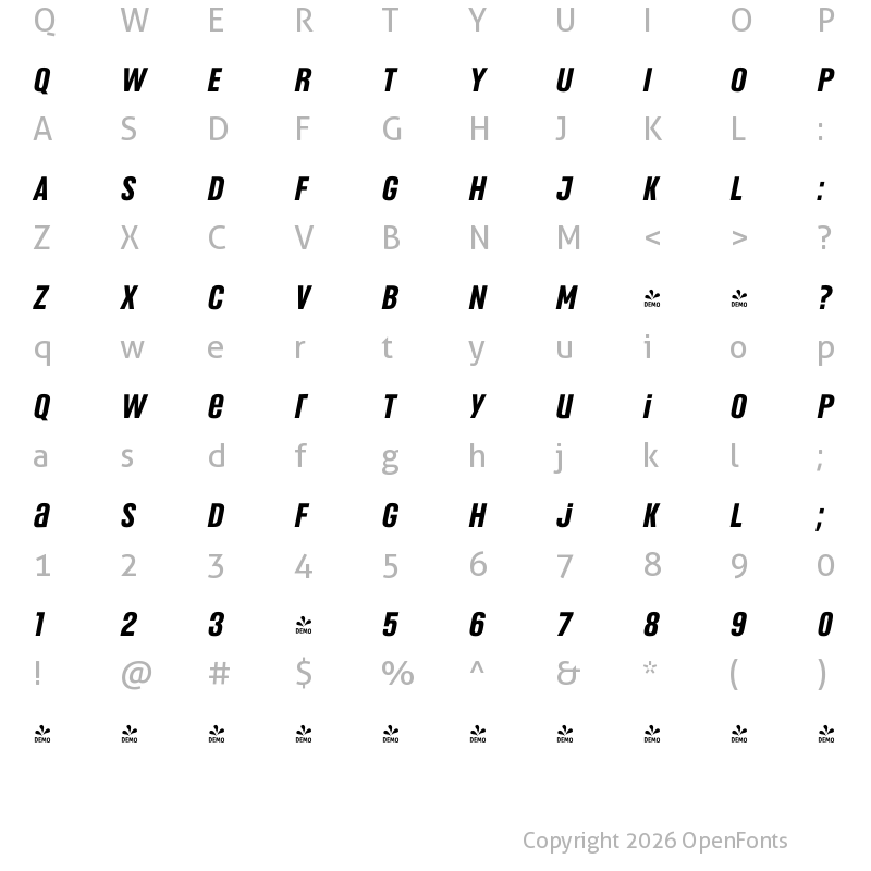 Character Map of FONTSPRING DEMO - Headlines Uni B Sm Bold Italic Regular