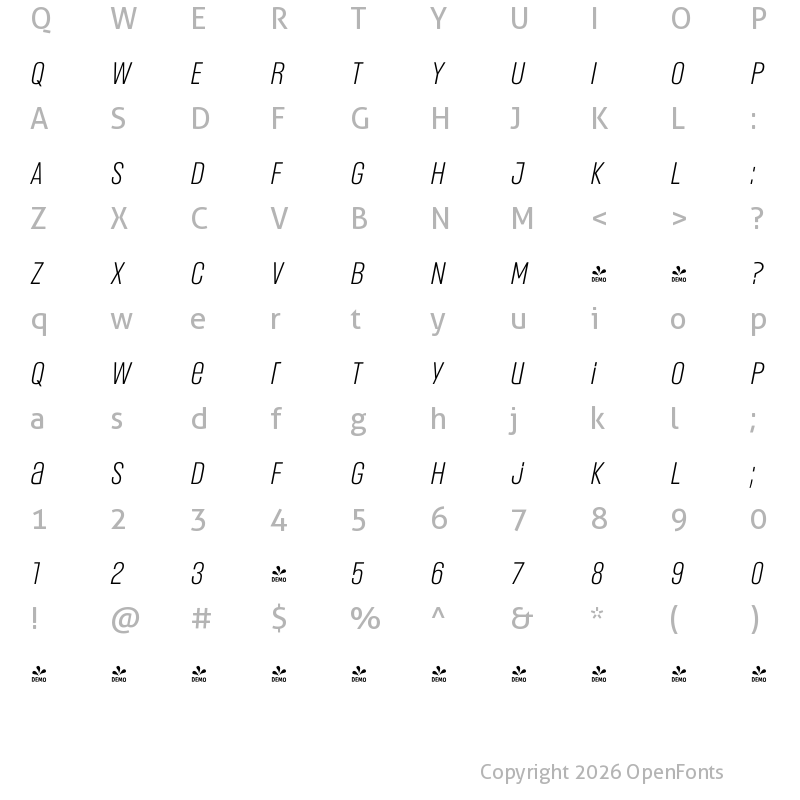 Character Map of FONTSPRING DEMO - Headlines Uni B Sm Light Italic Regular