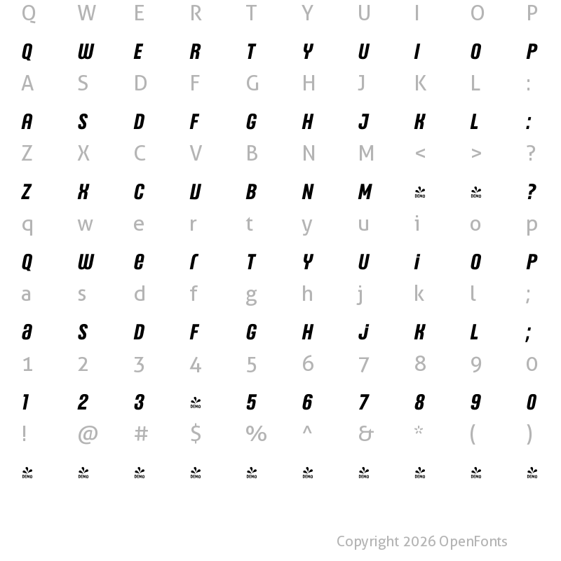 Character Map of FONTSPRING DEMO - Headlines Uni C Sm Bold Italic Regular