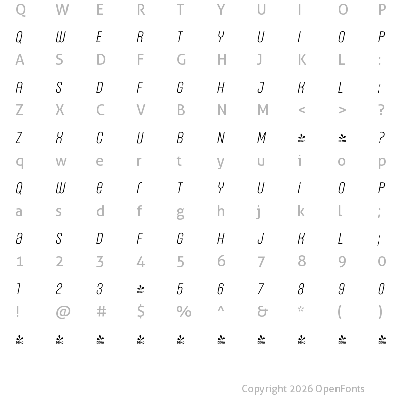 Character Map of FONTSPRING DEMO - Headlines Uni C Sm Light Italic Regular