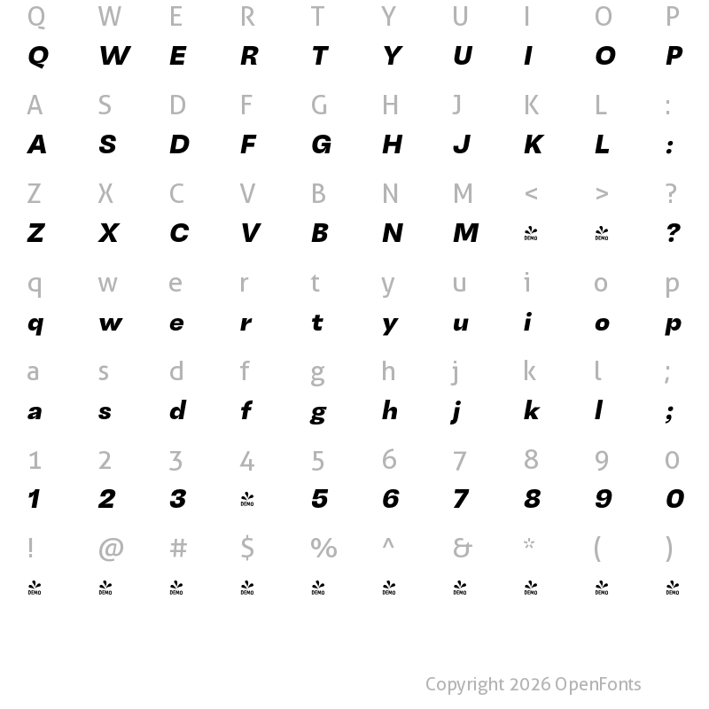 Character Map of FONTSPRING DEMO - Heavy Italic