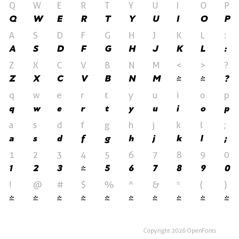 Character Map of FONTSPRING DEMO - Heavy Italic Italic