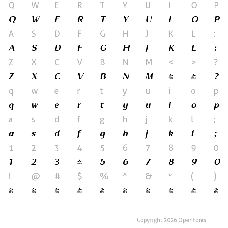 Character Map of FONTSPRING DEMO - Hedon Bold Italic Regular