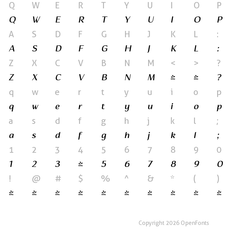 Character Map of FONTSPRING DEMO - Hedon SemiBold Italic Regular