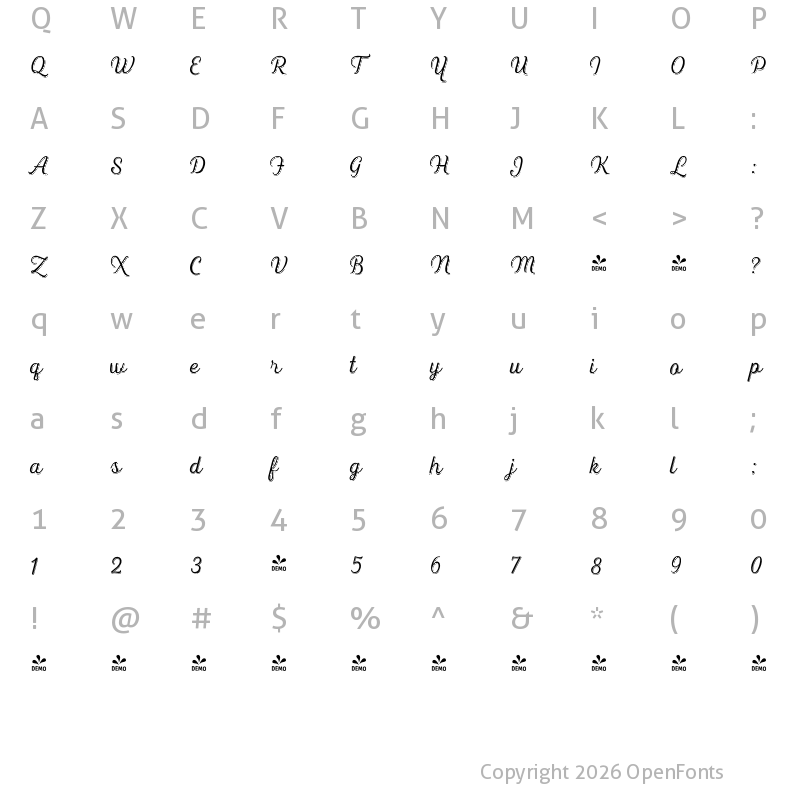 Character Map of FONTSPRING DEMO - Heiders Script C Sh Light C Sh Light