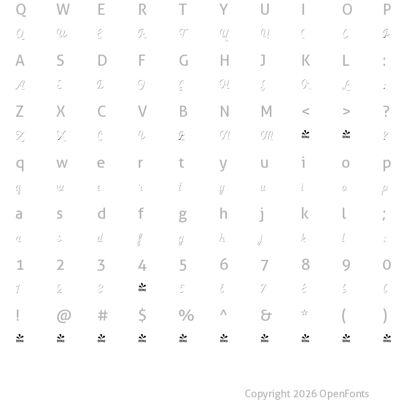 Character Map of FONTSPRING DEMO - Heiders Script C Sh1 Light C Sh1 Light
