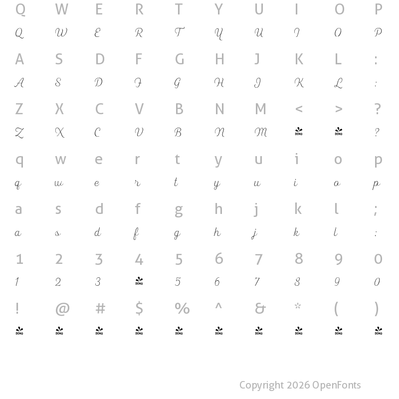 Character Map of FONTSPRING DEMO - Heiders Script R 1 Ext Light R 1 Ext Light