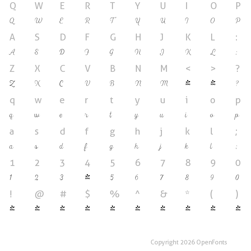 Character Map of FONTSPRING DEMO - Heiders Script R 1 Sh Ext Light R 1 Sh Ext Light