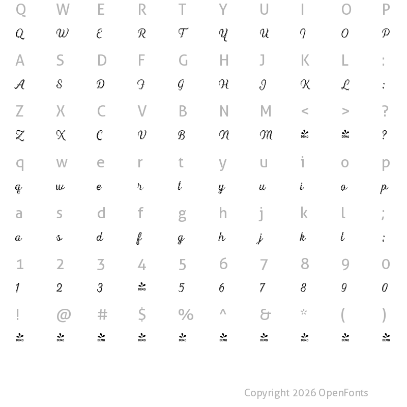 Character Map of FONTSPRING DEMO - Heiders Script R 1 Sh Light R 1 Sh Light
