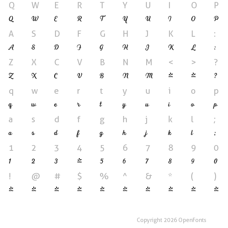 Character Map of FONTSPRING DEMO - Heiders Script R 3 Sh Regular R 3 Sh Regular