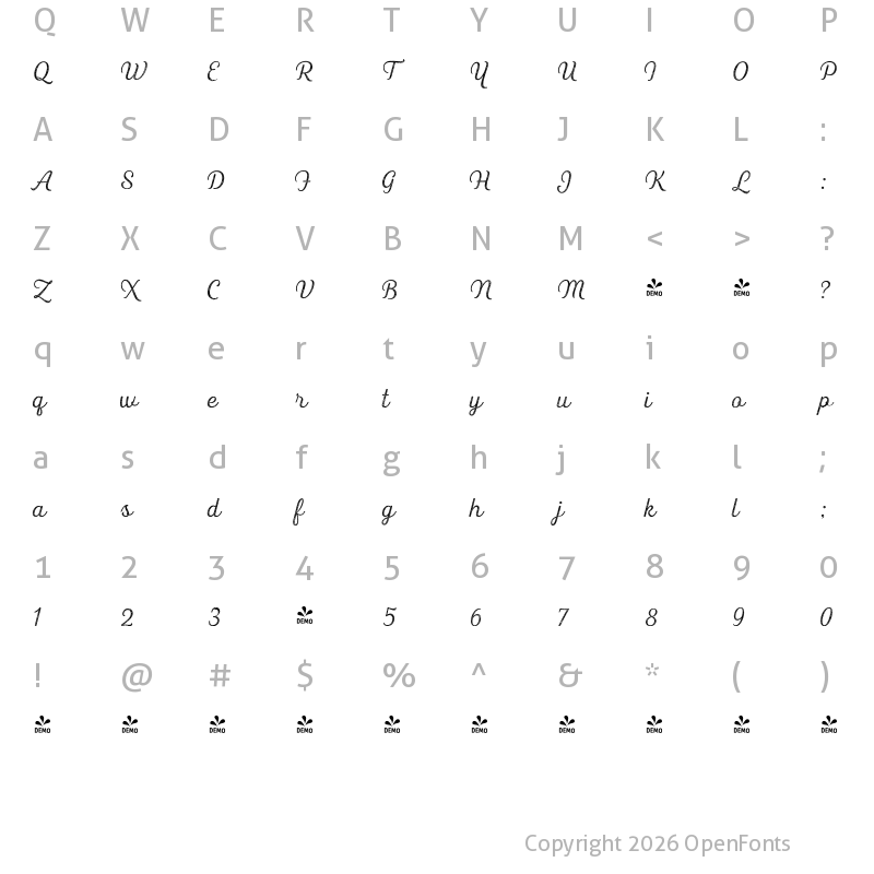 Character Map of FONTSPRING DEMO - Heiders Script R 4 Light R 4 Light
