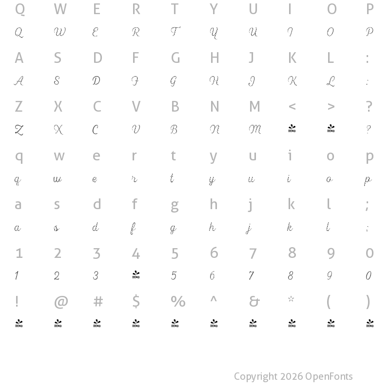 Character Map of FONTSPRING DEMO - Heiders Script R 4 Sh Ext Light R 4 Sh Ext Light