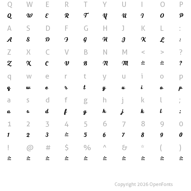 Character Map of FONTSPRING DEMO - Heiders Script R Black R Black
