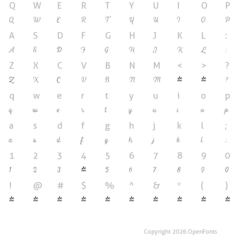 Character Map of FONTSPRING DEMO - Heiders Script R Sh Ext Light R Sh Ext Light