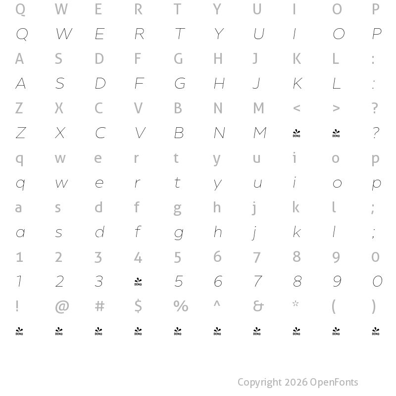 Character Map of FONTSPRING DEMO - Helios Antique Thin Italic Regular