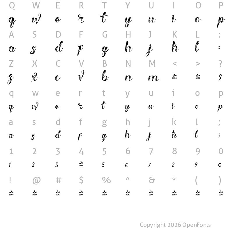 Character Map of FONTSPRING DEMO - Hellvina Hand Script Regular