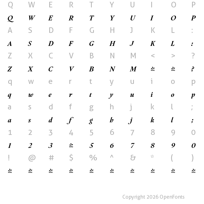 Character Map of FONTSPRING DEMO - Hermann Heavy Italic