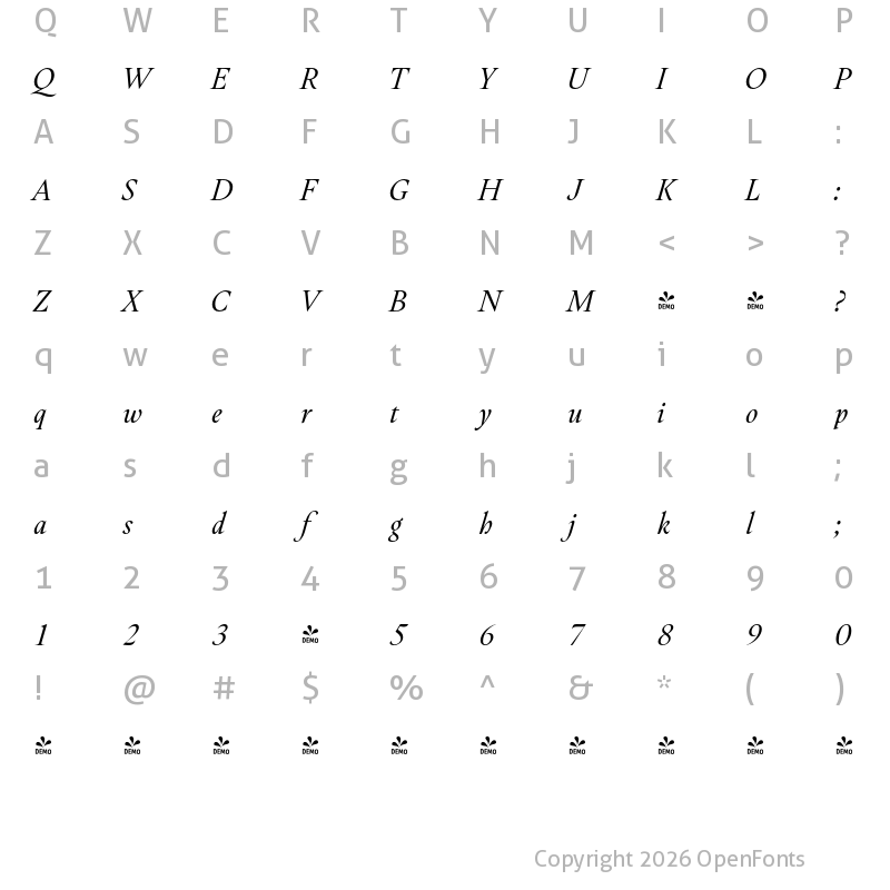 Character Map of FONTSPRING DEMO - Hermann Italic