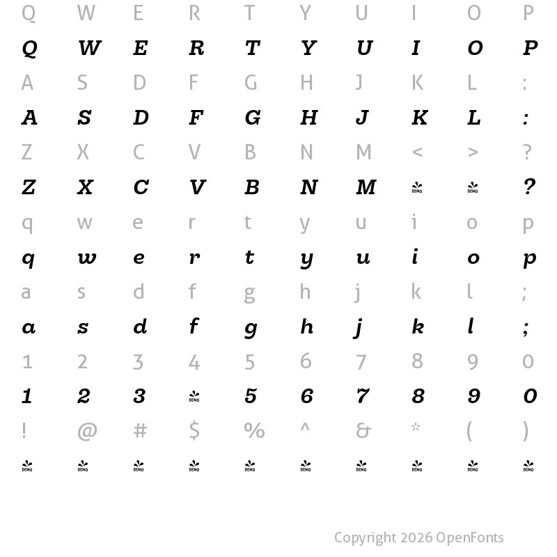Character Map of FONTSPRING DEMO - Hernandez Niu Bold Italic Regular