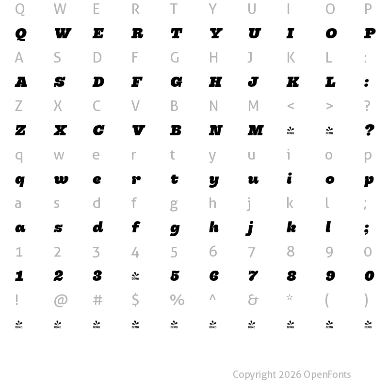 Character Map of FONTSPRING DEMO - Hernandez Niu Heavy Italic Regular