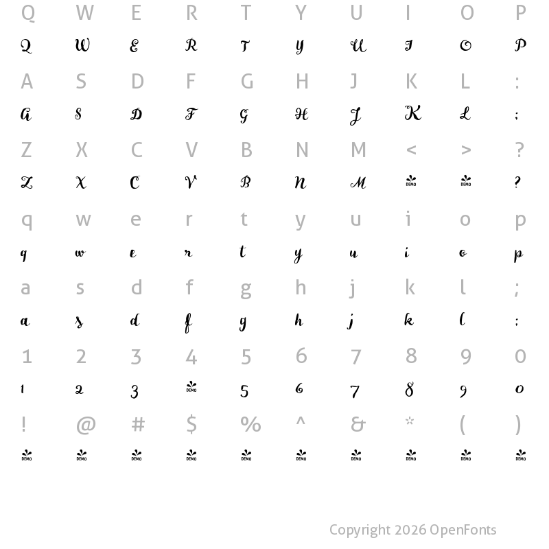 Character Map of FONTSPRING DEMO - HMS Gilbert Brush Regular
