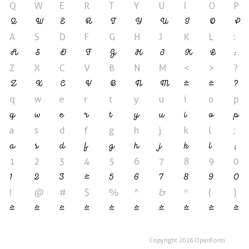 Character Map of FONTSPRING DEMO - Hogar Script SemiBold Regular