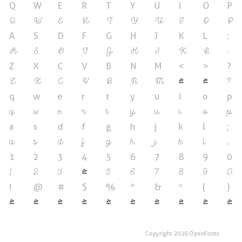 Character Map of FONTSPRING DEMO - Hogar Slab Script ExtraLight Regular