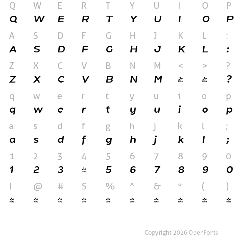 Character Map of FONTSPRING DEMO - Holgada Bold Italic Regular
