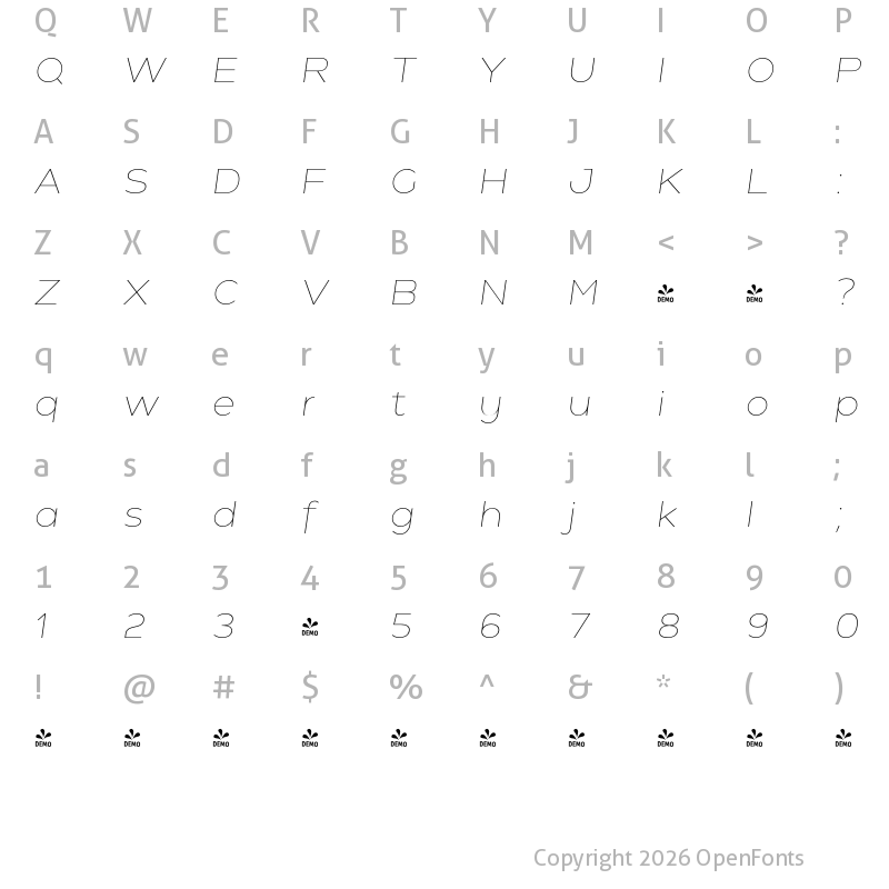 Character Map of FONTSPRING DEMO - Holgada Thin Italic Regular