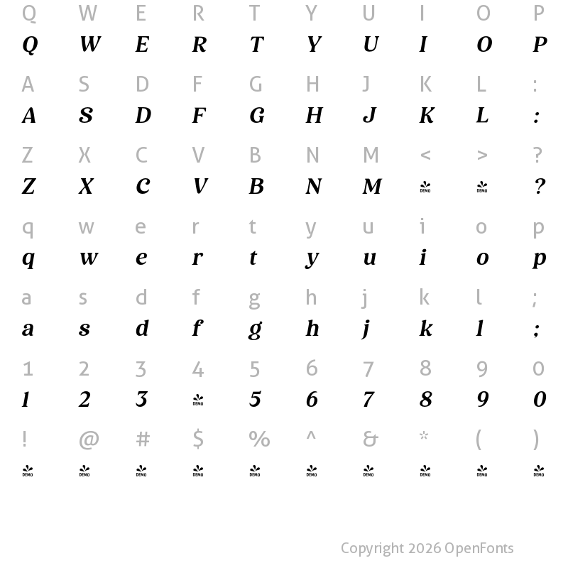 Character Map of FONTSPRING DEMO - Holimole ExtBd Ita Italic