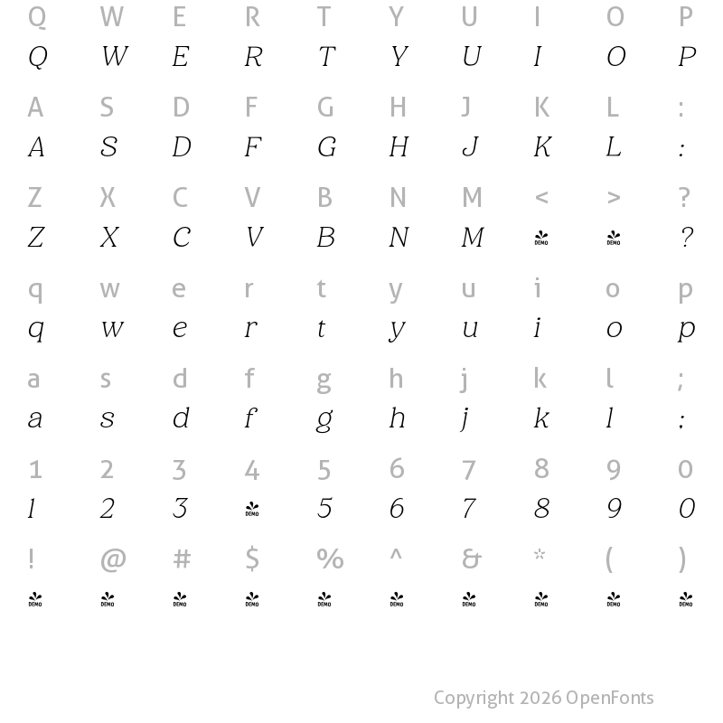 Character Map of FONTSPRING DEMO - Holimole ExtLt Ita Italic