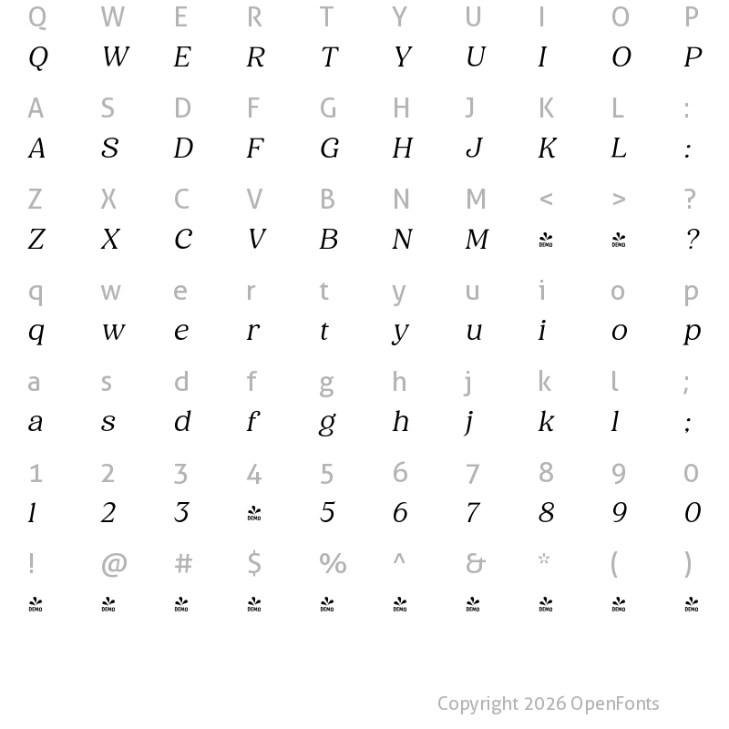 Character Map of FONTSPRING DEMO - Holimole Ita Italic