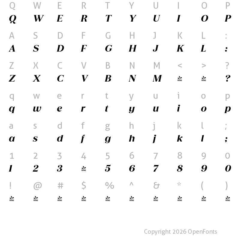 Character Map of FONTSPRING DEMO - Honest Black Italic
