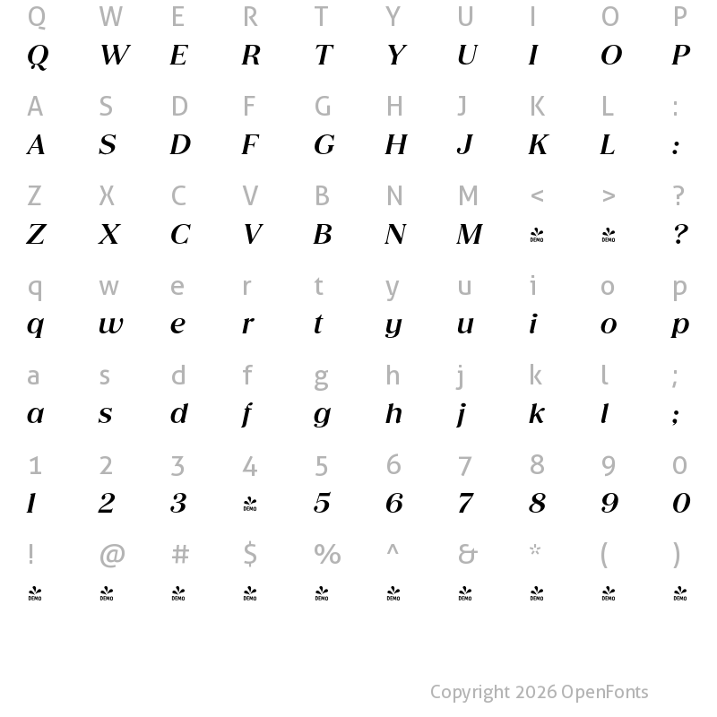Character Map of FONTSPRING DEMO - Honest Bold Italic