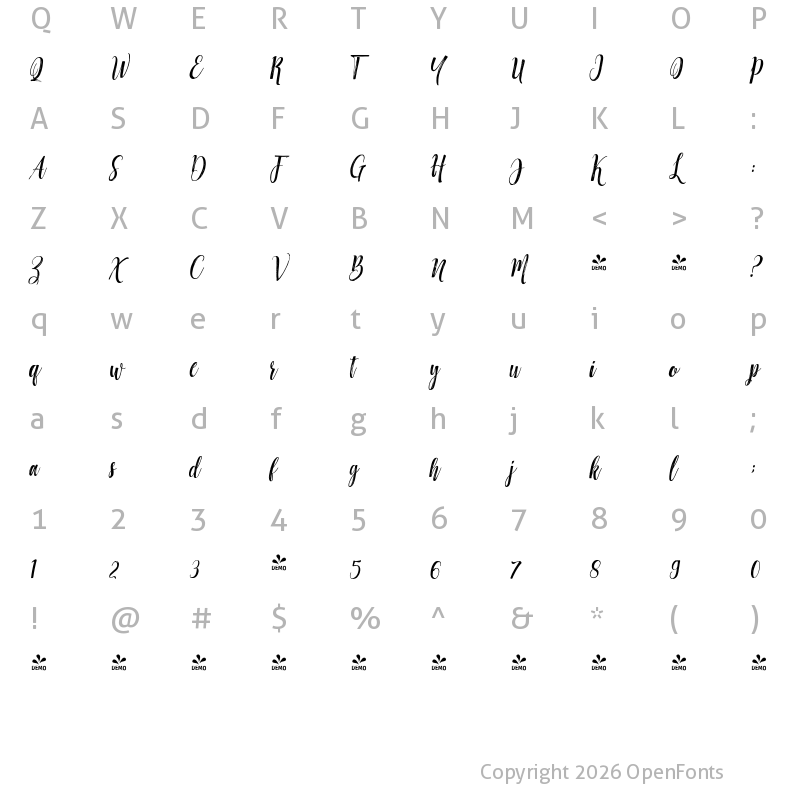 Character Map of FONTSPRING DEMO - Hottemp Slant Regular